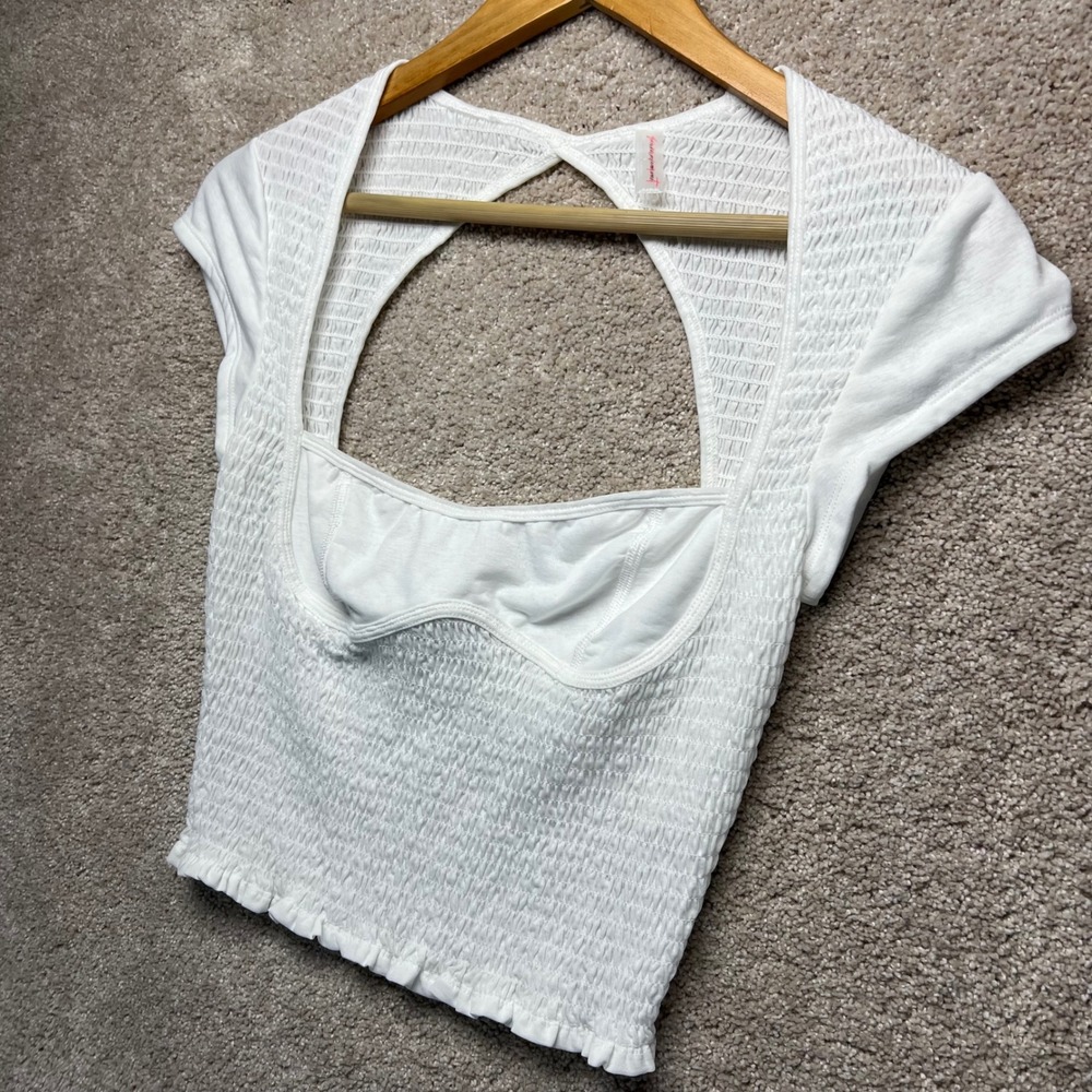 Free People‎ Movement White Smocked Open Back Crop Top Cap Sleeve S Coquette - Picture 10 of 14